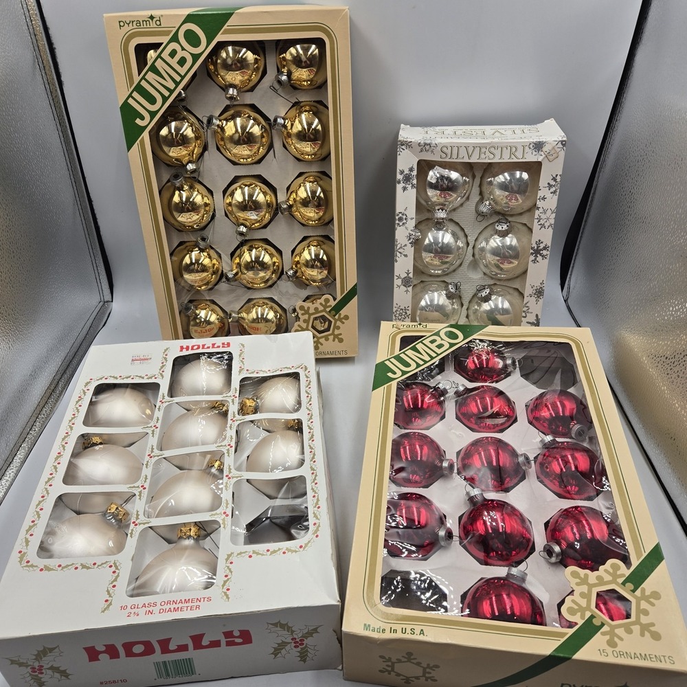 Vintage Glass Tree Ornaments Mixed Lot Pyramid Silvestri Holly Red Whte Gold USA